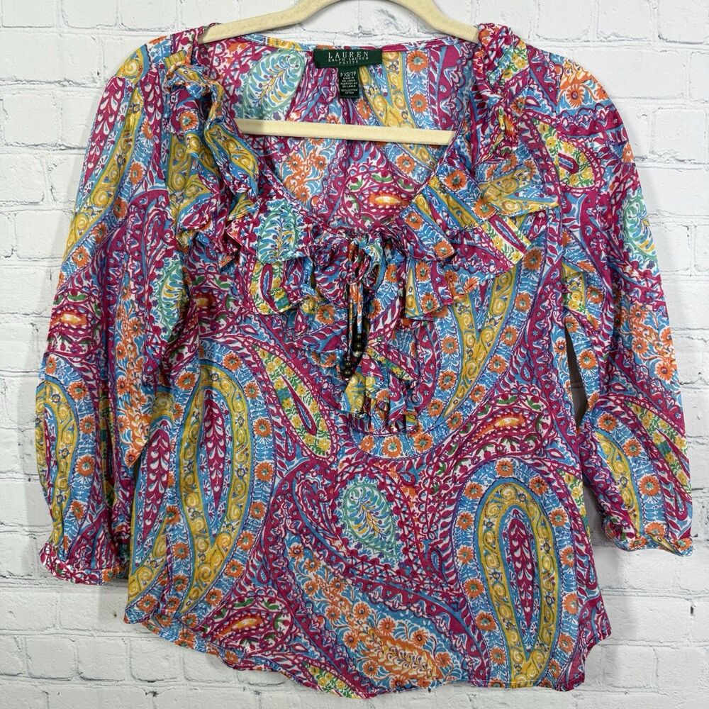Lauren Ralph Lauren Boho Paisley Blouse Small Petite Ruffle Cottage Festival Top - Picture 9 of 9